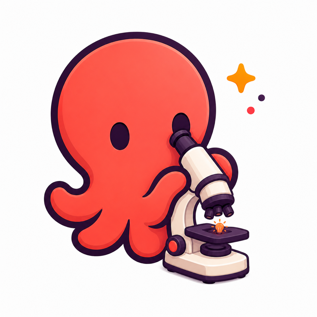 Ein korallroter Oktopus untersucht eine leuchtende Idee durch ein Mikroskop